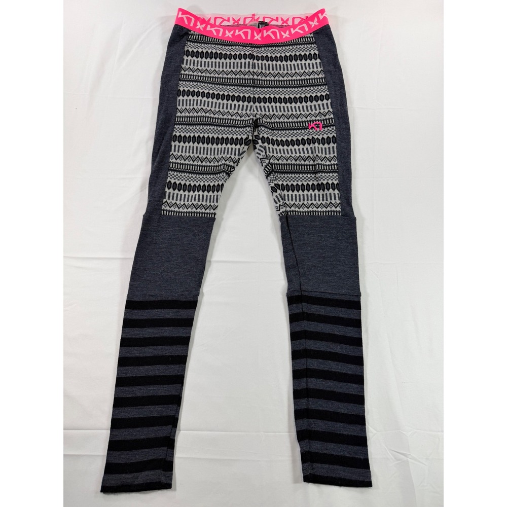 Kari Traa Rose Wool Base Layer Leggings Gray Black Pink Fair Isle Merino Large
